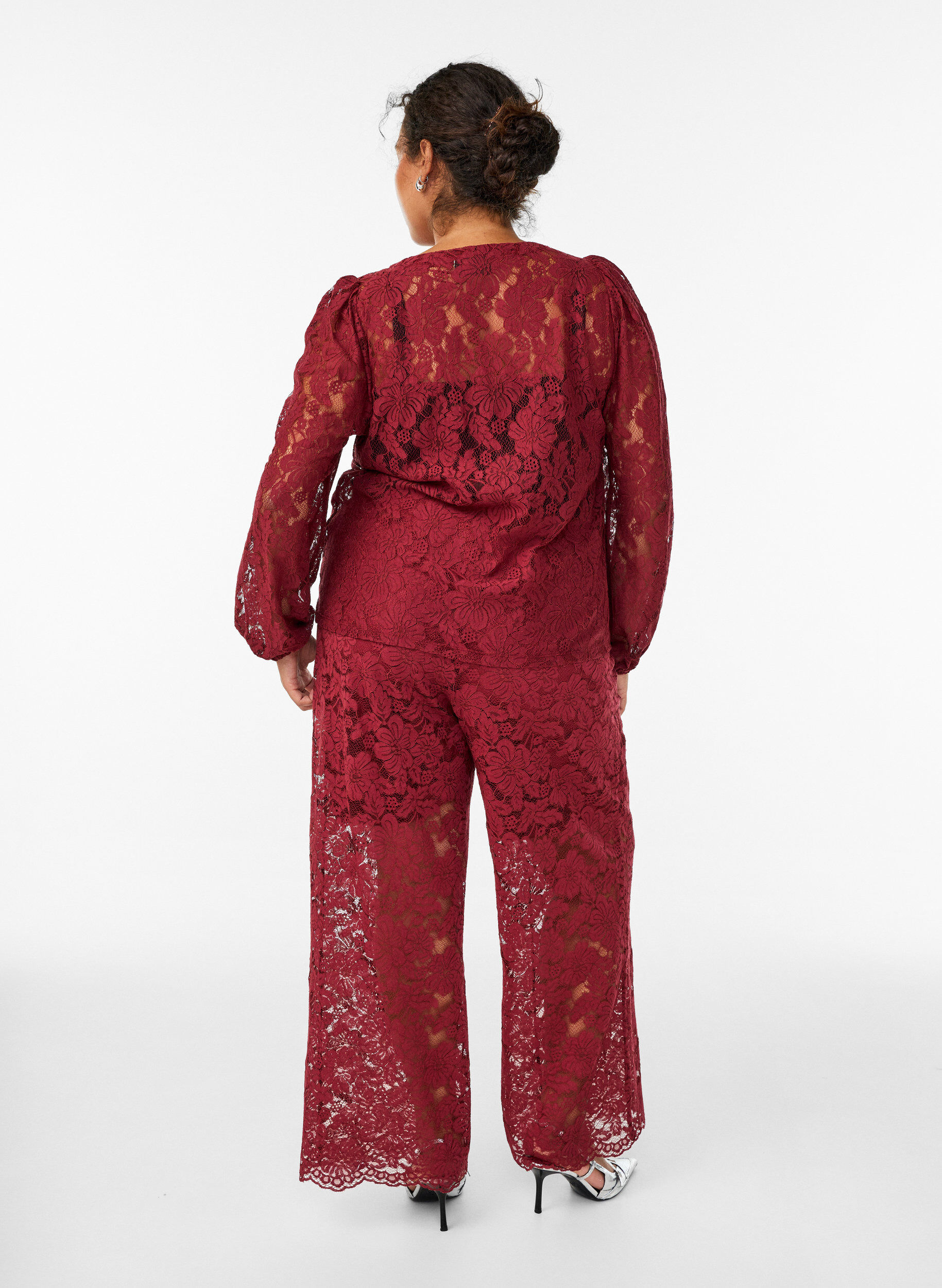 Zizzifashion Lace trousers with a high waist and pockets, Dark Bordeaux, Model image number 1