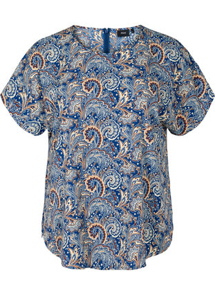 Blouse with short sleeves, Dark Blue Paisley, Packshot image number 0