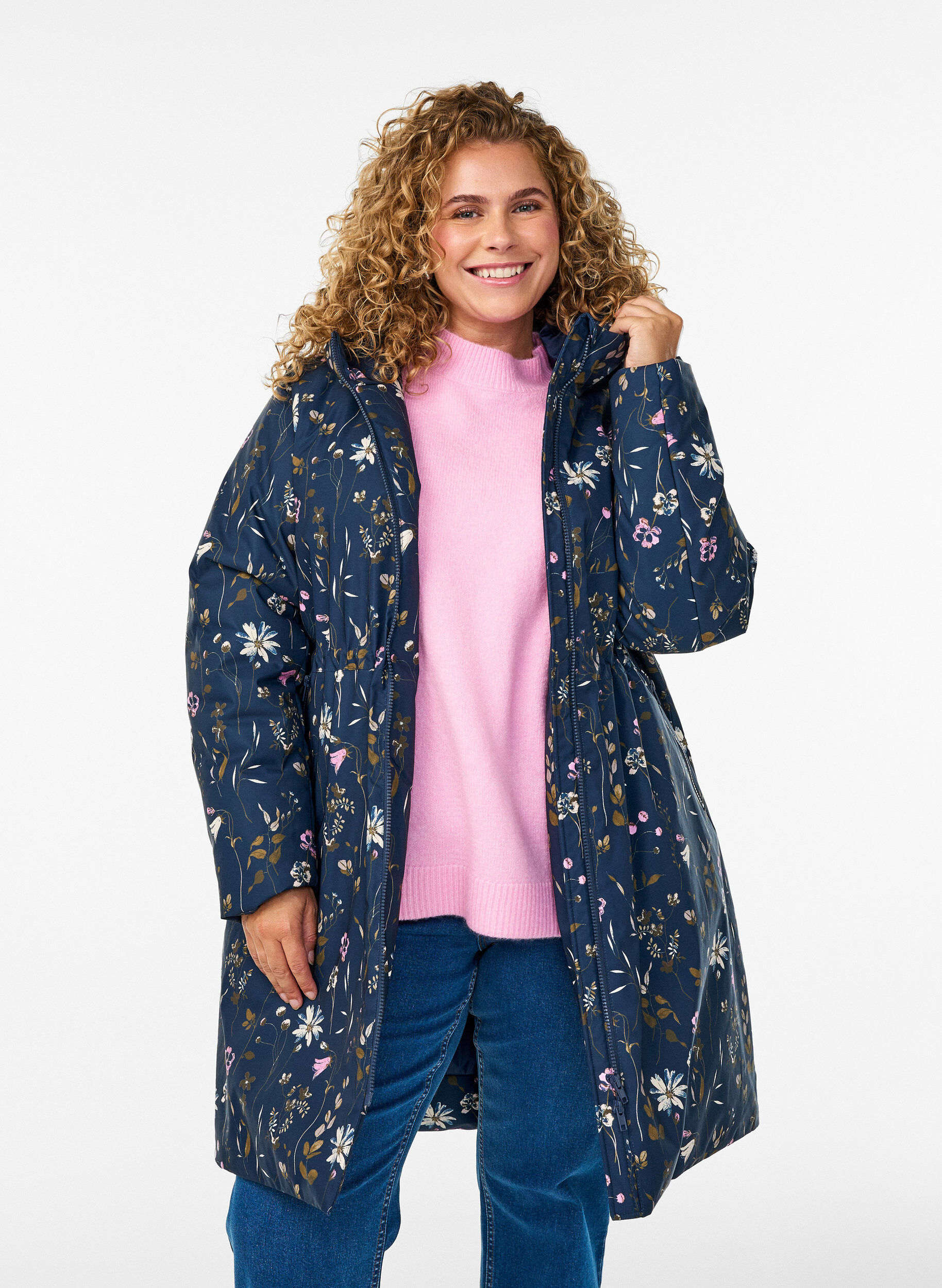Zizzifashion Padded winter jacket with floral print, Blue, Model image number 3