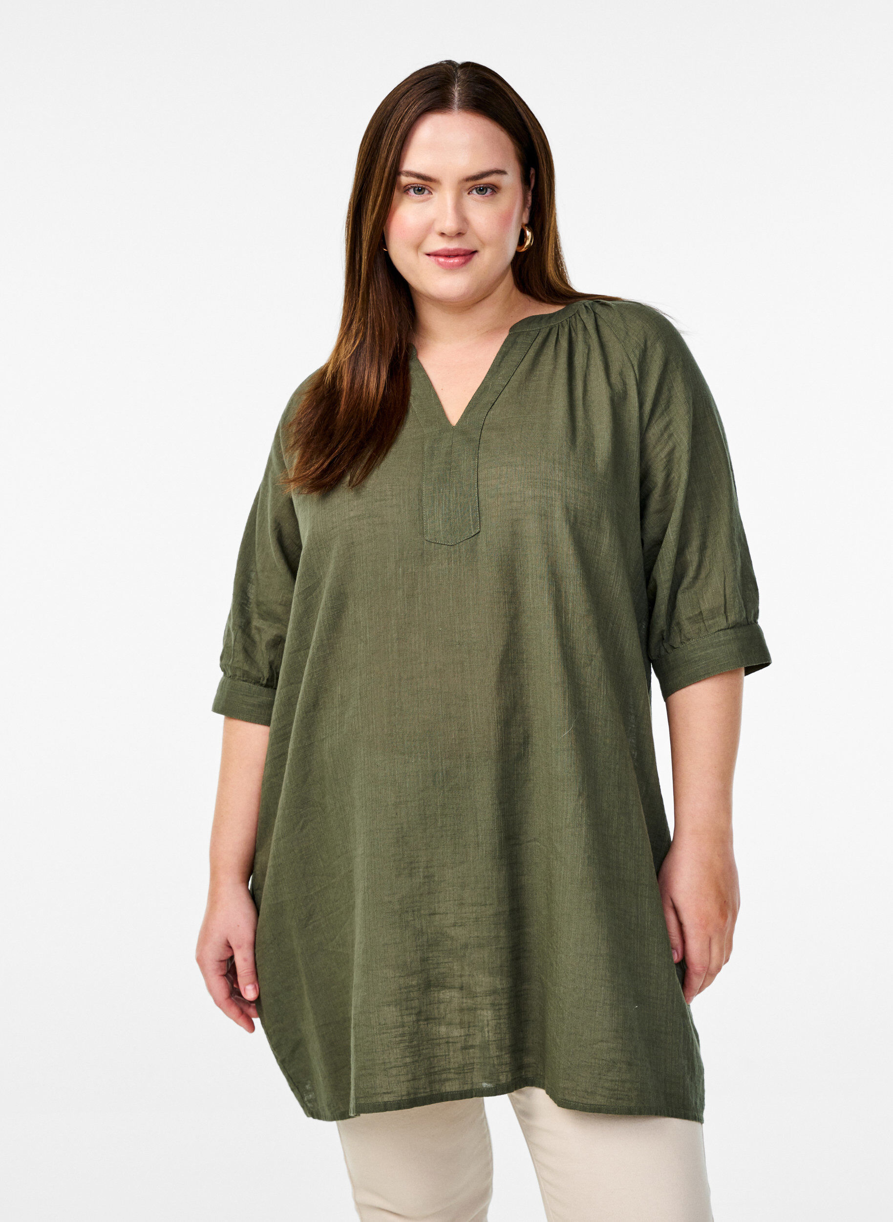 Zizzifashion Cotton tunic with a V-neck, Green, Model image number 0