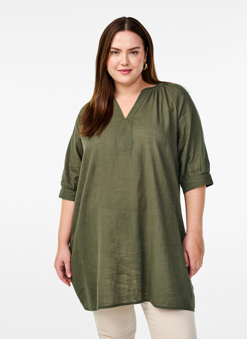 Cotton tunic with a V-neck, Green, Model image number 0