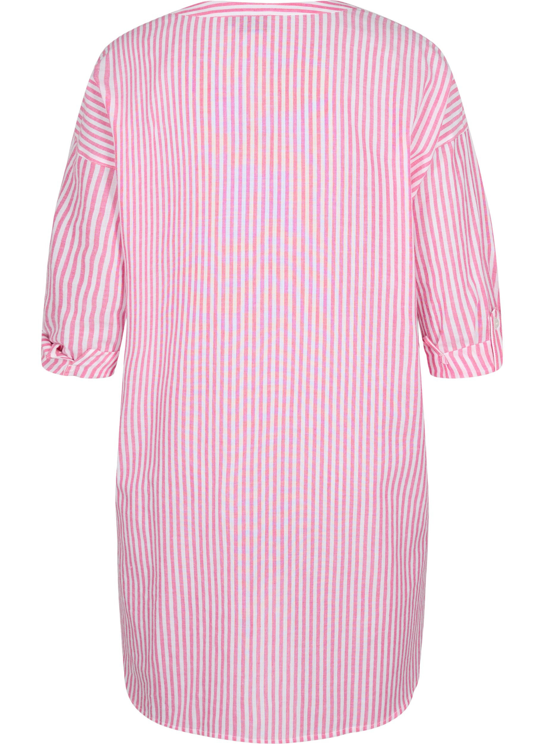Zizzifashion Striped tunic with v neck and buttons, Beetroot Stripe, Packshot image number 1