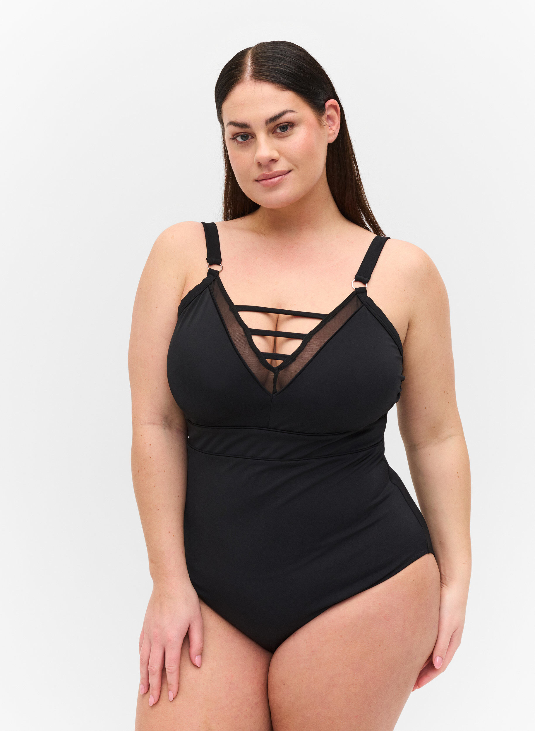 Zizzifashion Swimsuit with V-neck and mesh, Black, Model image number 0