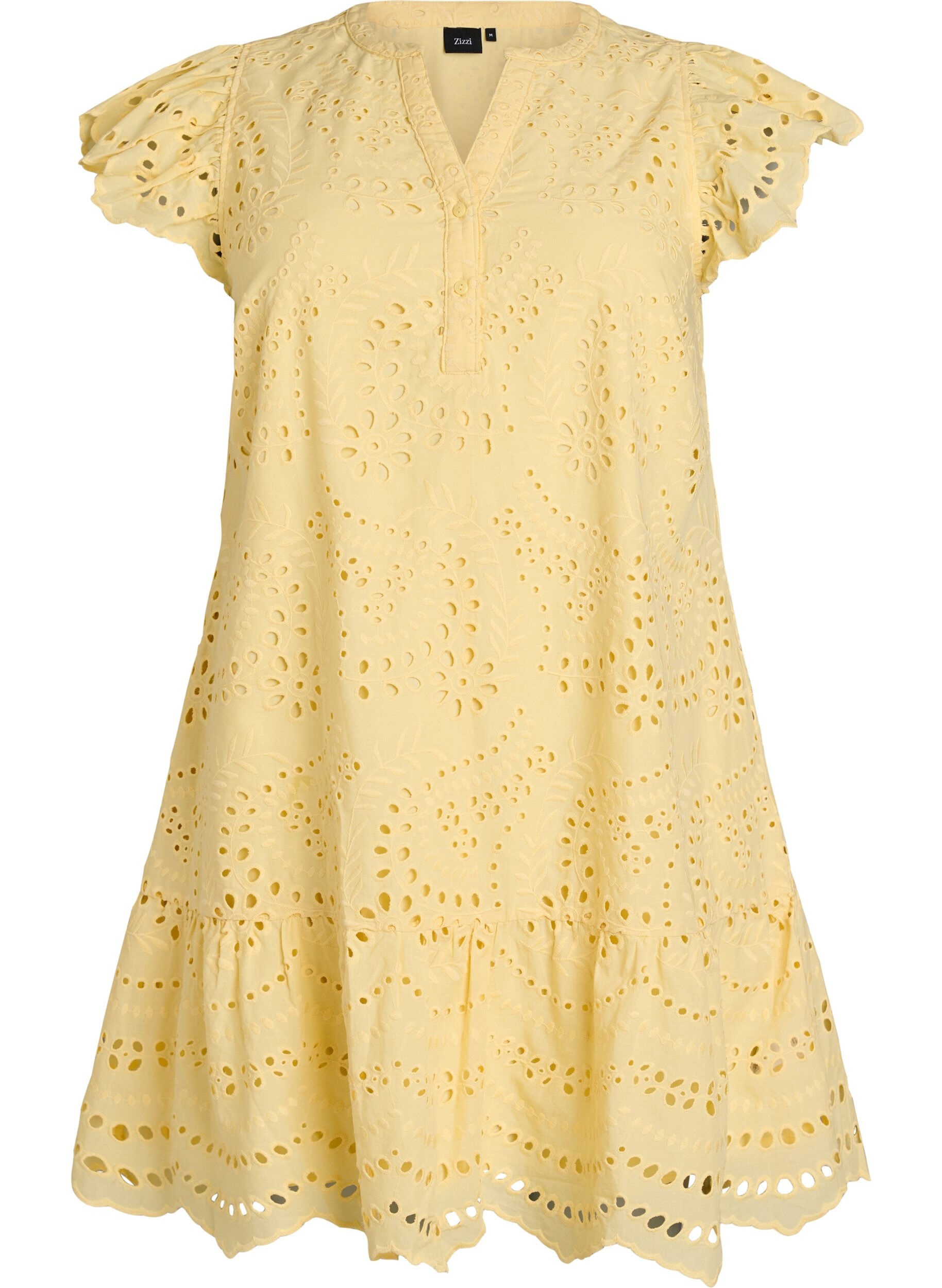 Zizzifashion Broderie anglaise dress with ruffle sleeves, Yellow, Packshot image number 0