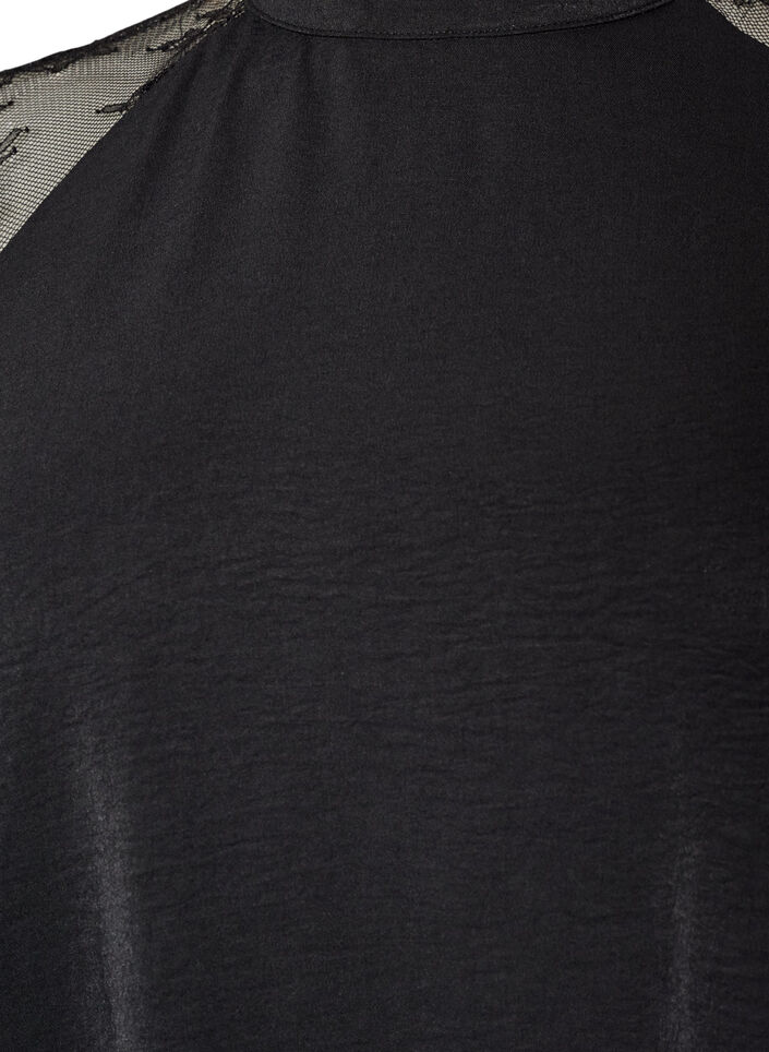 Blouse with short lace sleeves and high neck, Black, Packshot image number 2