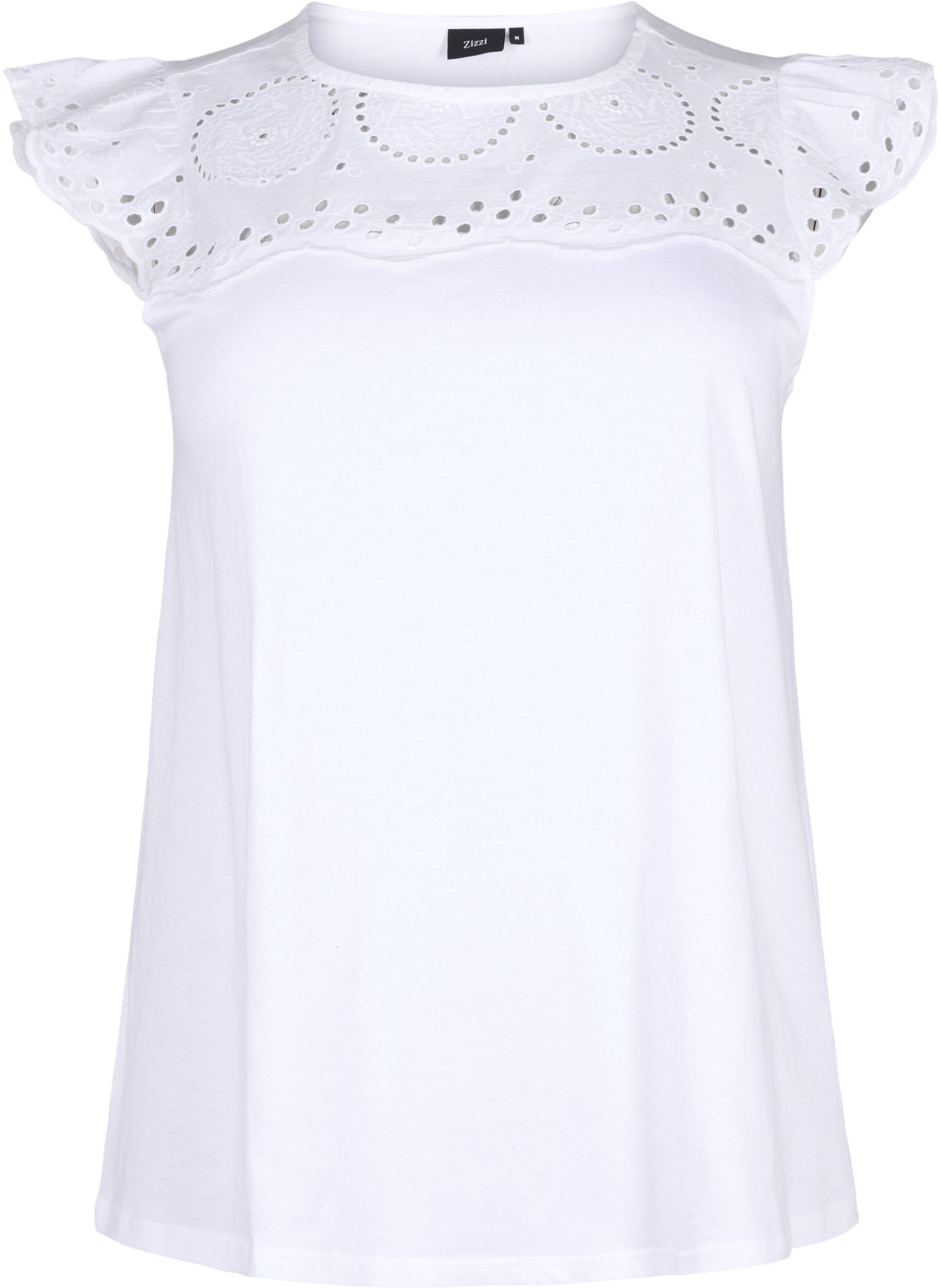 Zizzifashion Organic cotton T-shirt with broderie anglaise, Bright White, Packshot image number 0