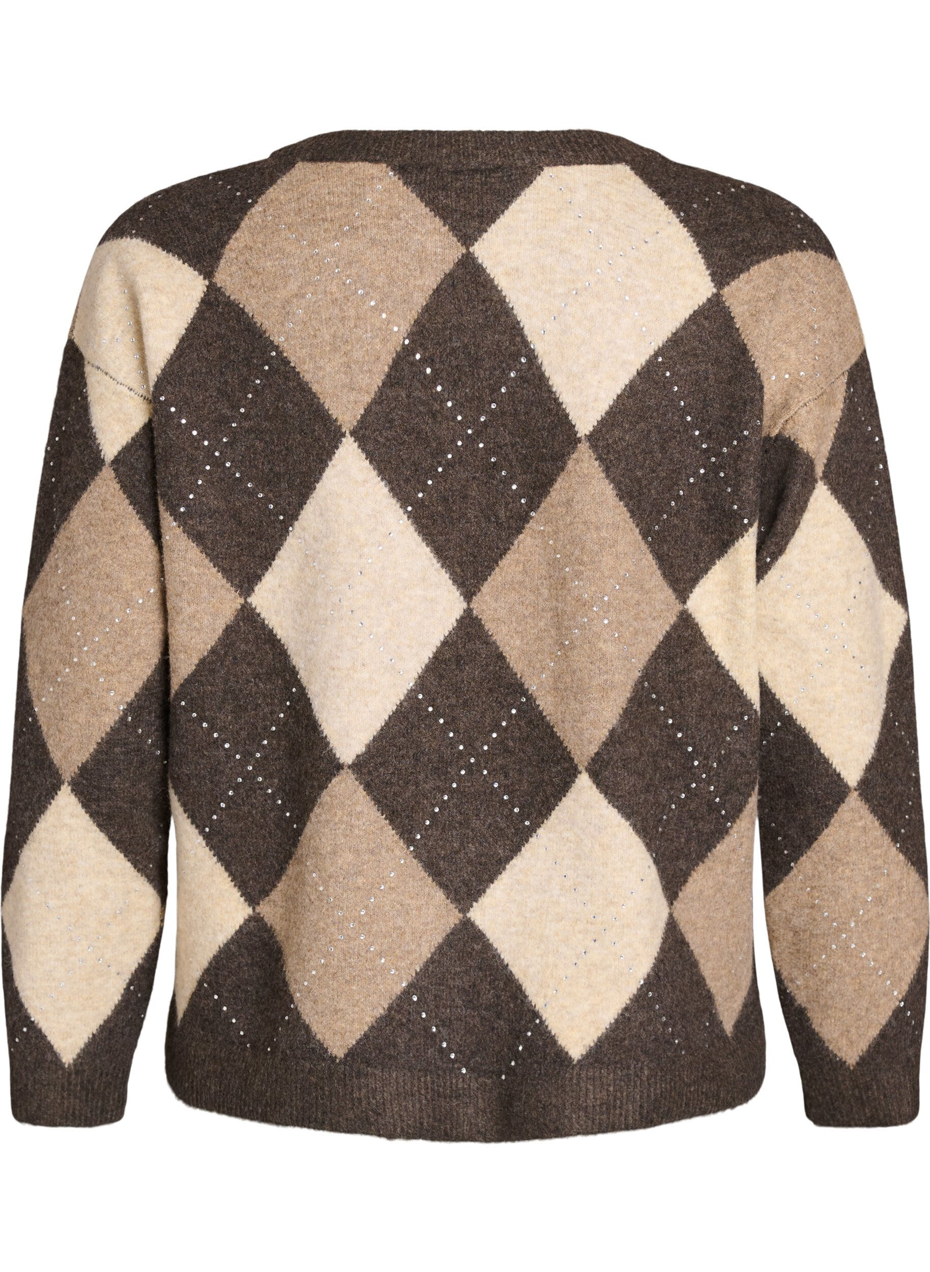 ZizzifashionArgyle cardigan with rhinestones, Brown, Packshot image number 1