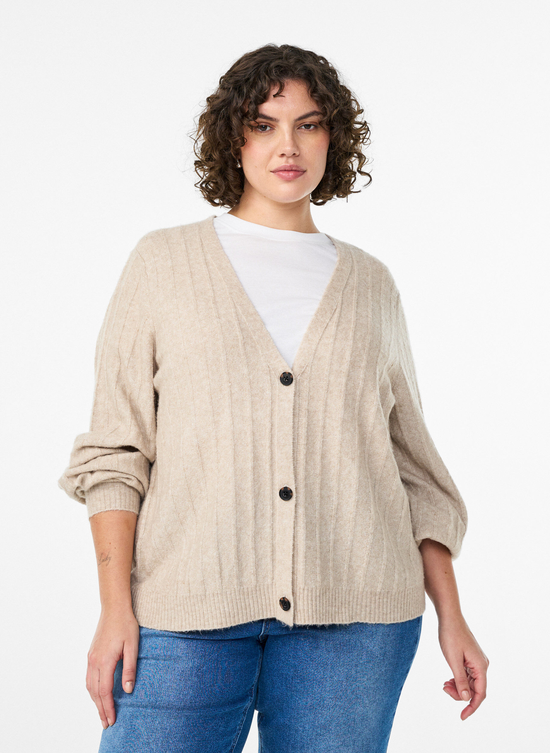 Cardigan with a ribbed texture and balloon sleeves, Beige, Model