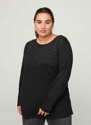 Long-sleeved blouse, Black w. Shiny Studs, Model image number 0
