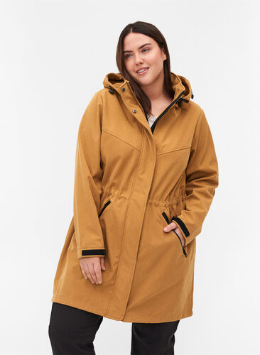 Long, hooded softshell jacket, Golden Brown Mel., Model image number 0