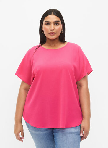Short sleeved blouse with round neckline, Raspberry Sorbet, Model image number 0