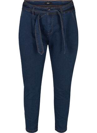 Cropped jeans with belt, Blue denim, Packshot image number 0
