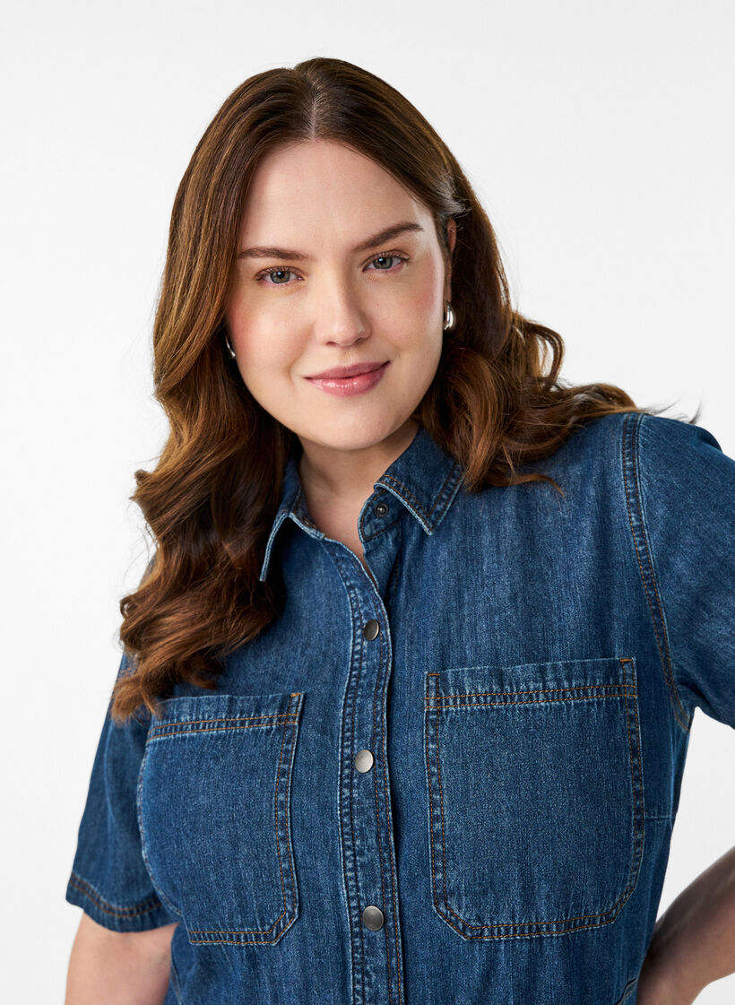 Denim shirt dress with short sleeves, Blue, Model image number 2
