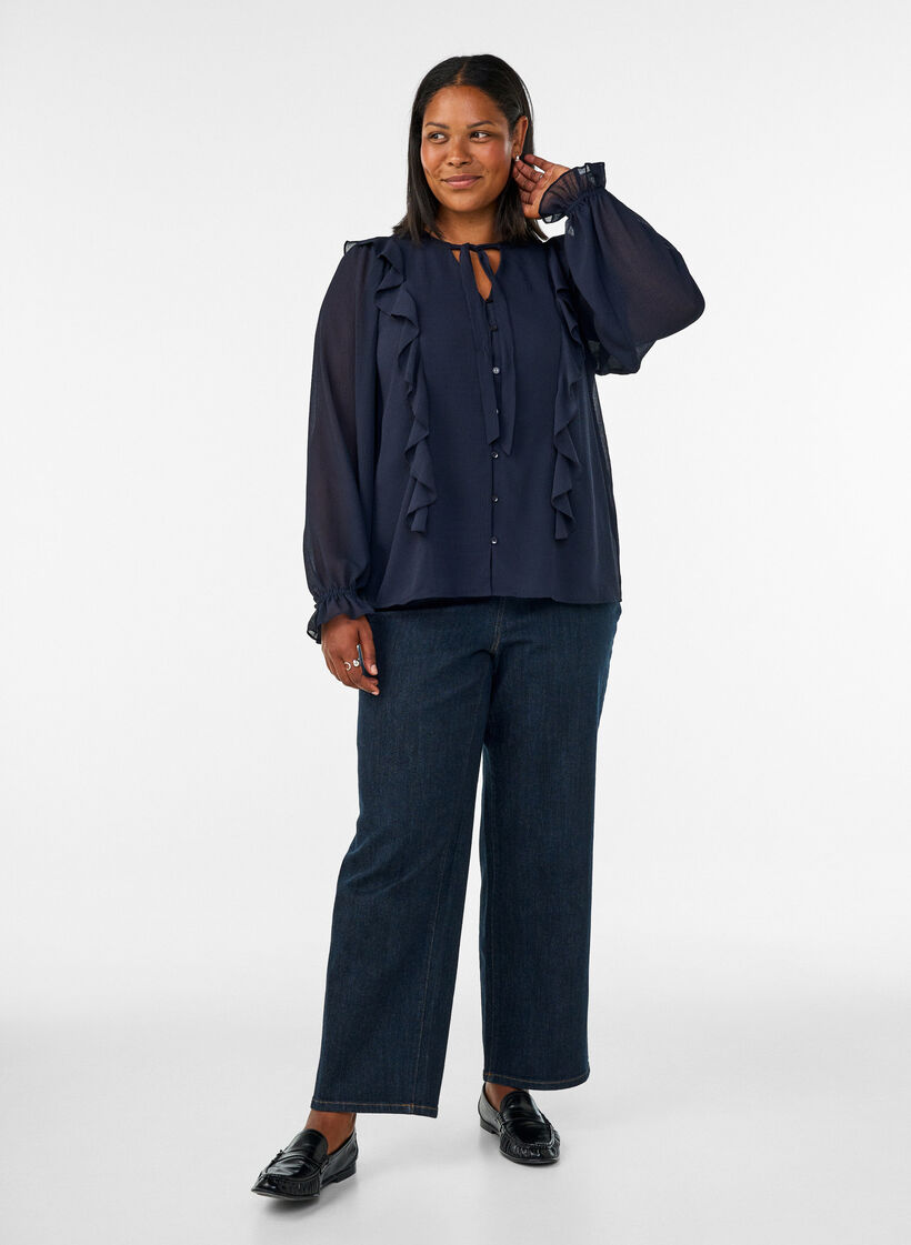 Sheer blouse with ruffles and tie-fastening, Blue, Model image number 1
