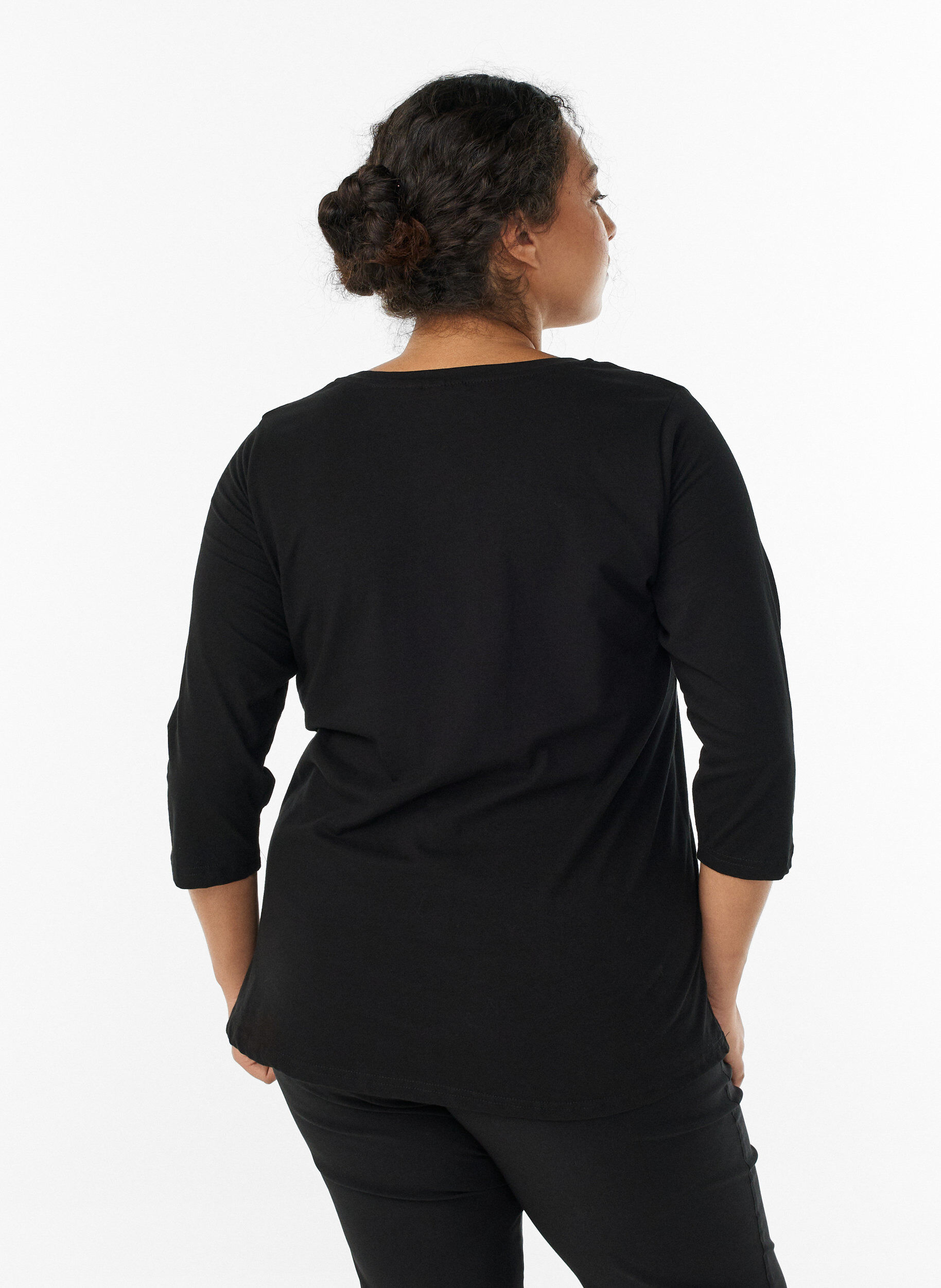Zizzifashion Basic cotton t-shirt with 3/4 sleeves, Black, Model image number 2