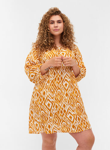 Printed viscose tunic with 3/4 sleeves, Golden Yellow AOP, Model image number 0