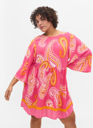 Printed viscose tunic with 3/4 sleeves, Pink Paisley, Model image number 0