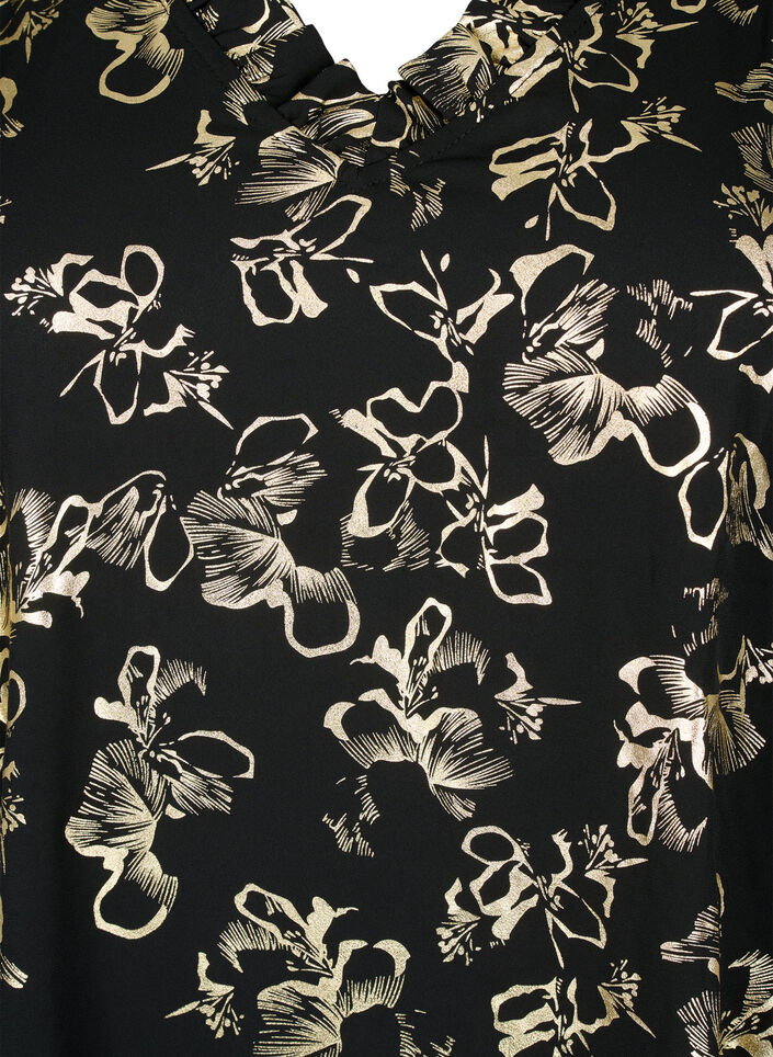 Long-sleeved blouse with frills and foil print, Black Foil AOP, Packshot image number 2