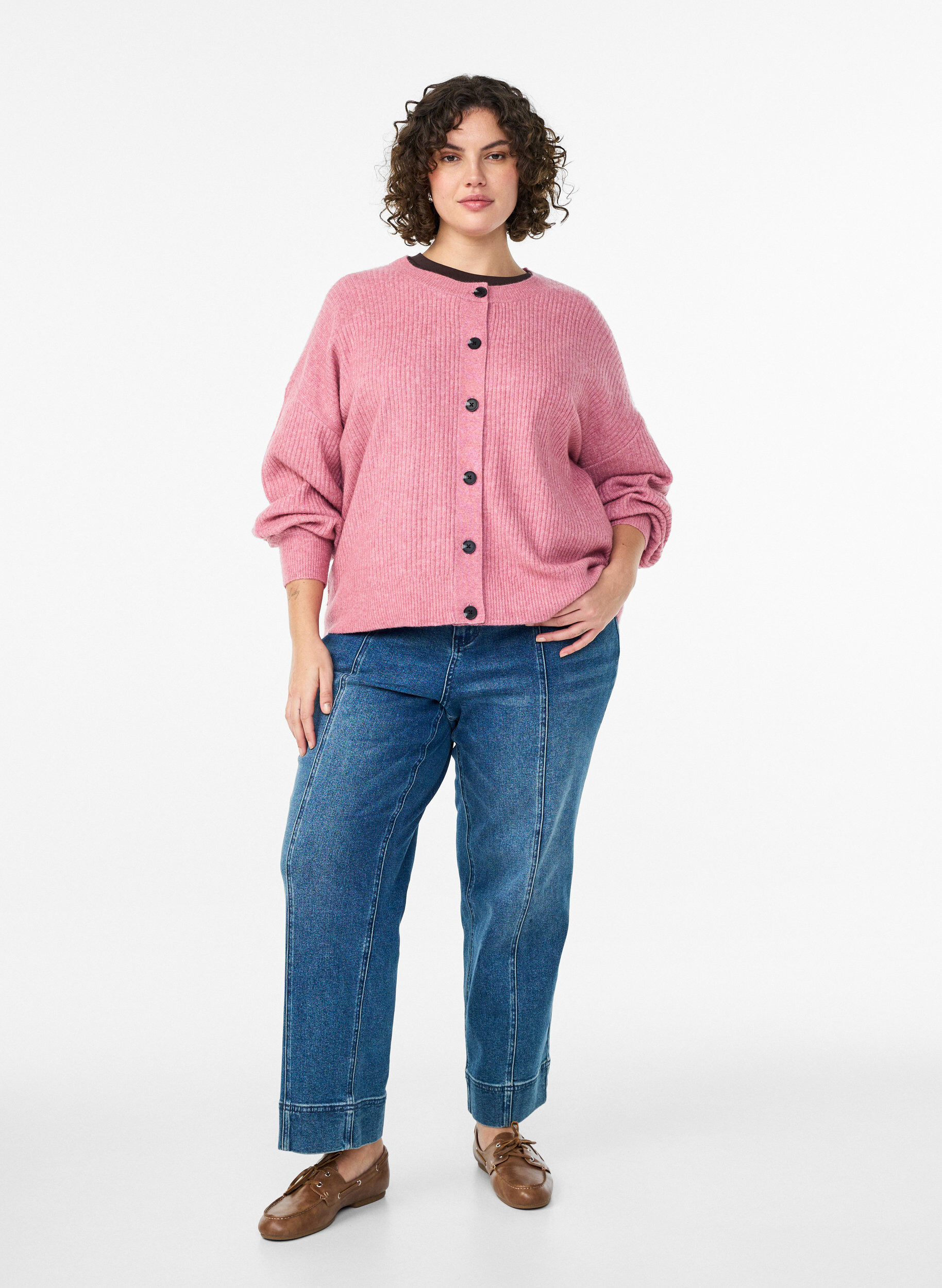 ZizzifashionRibbed cardigan with buttons, Rose, Model image number 1