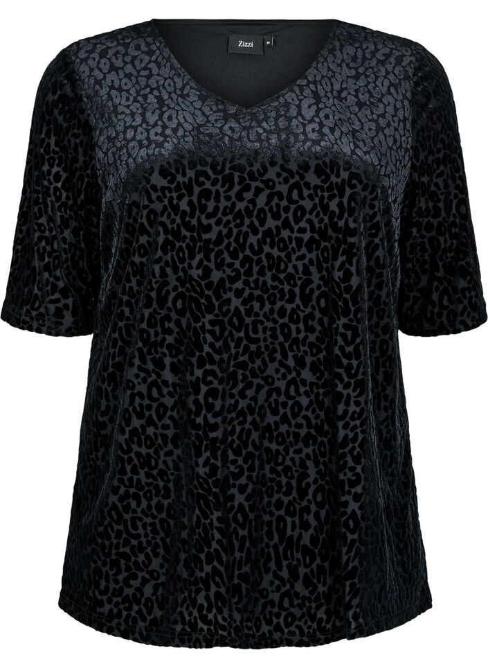 Blouse with short sleeves and leopard print, Black, Packshot image number 0