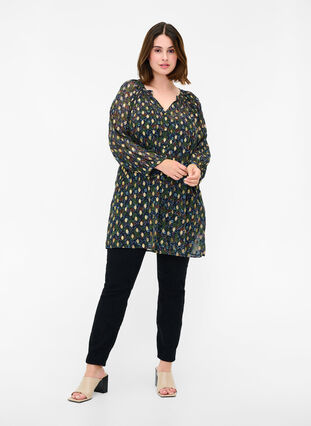 Printed tunic with V-neck and buttons, Flower AOP, Model image number 2