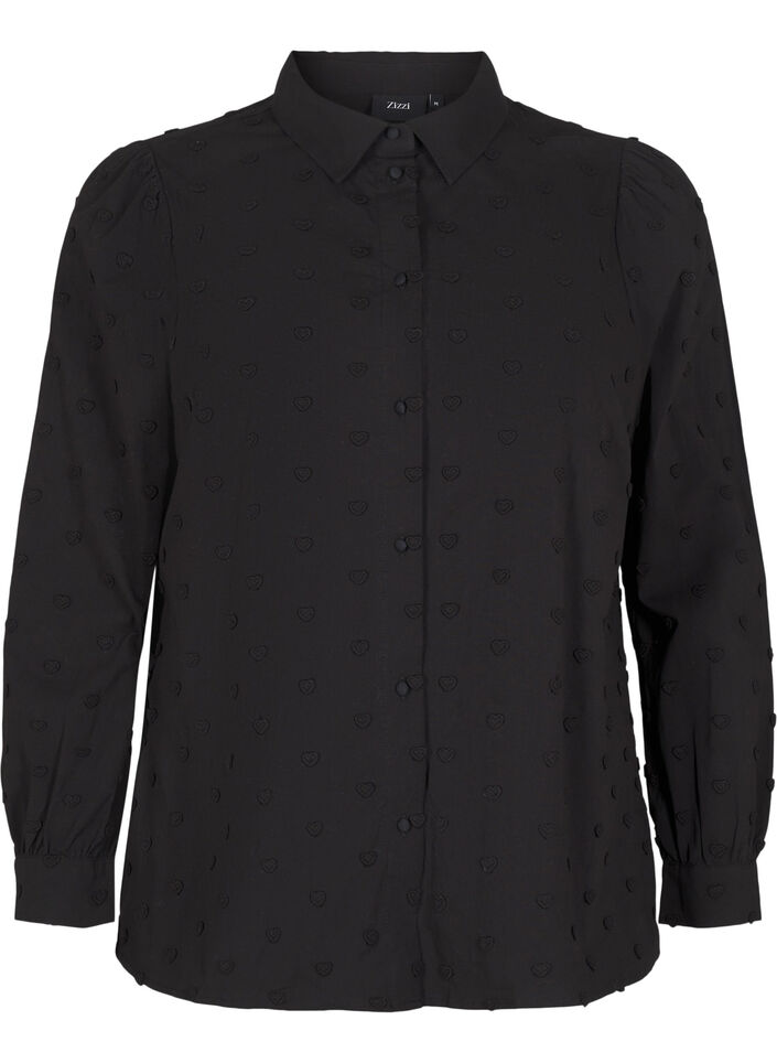 Shirt with collar and sewn-on hearts, Black, Packshot image number 0