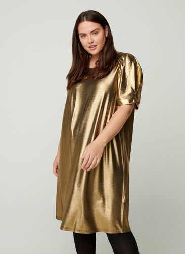 A-line dress with short puff sleeves, Gold, Model image number 0