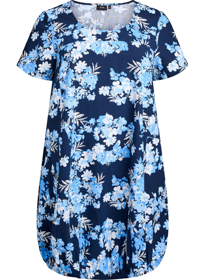 Short-sleeved cotton dress with print, Blue, Packshot image number 0