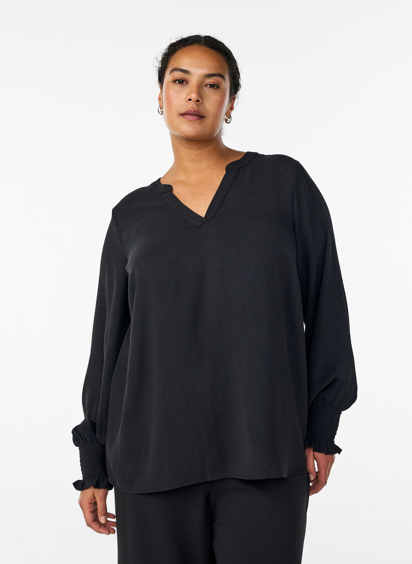 Blouse with smock cuffs and V-neck, Black, Model image number 0