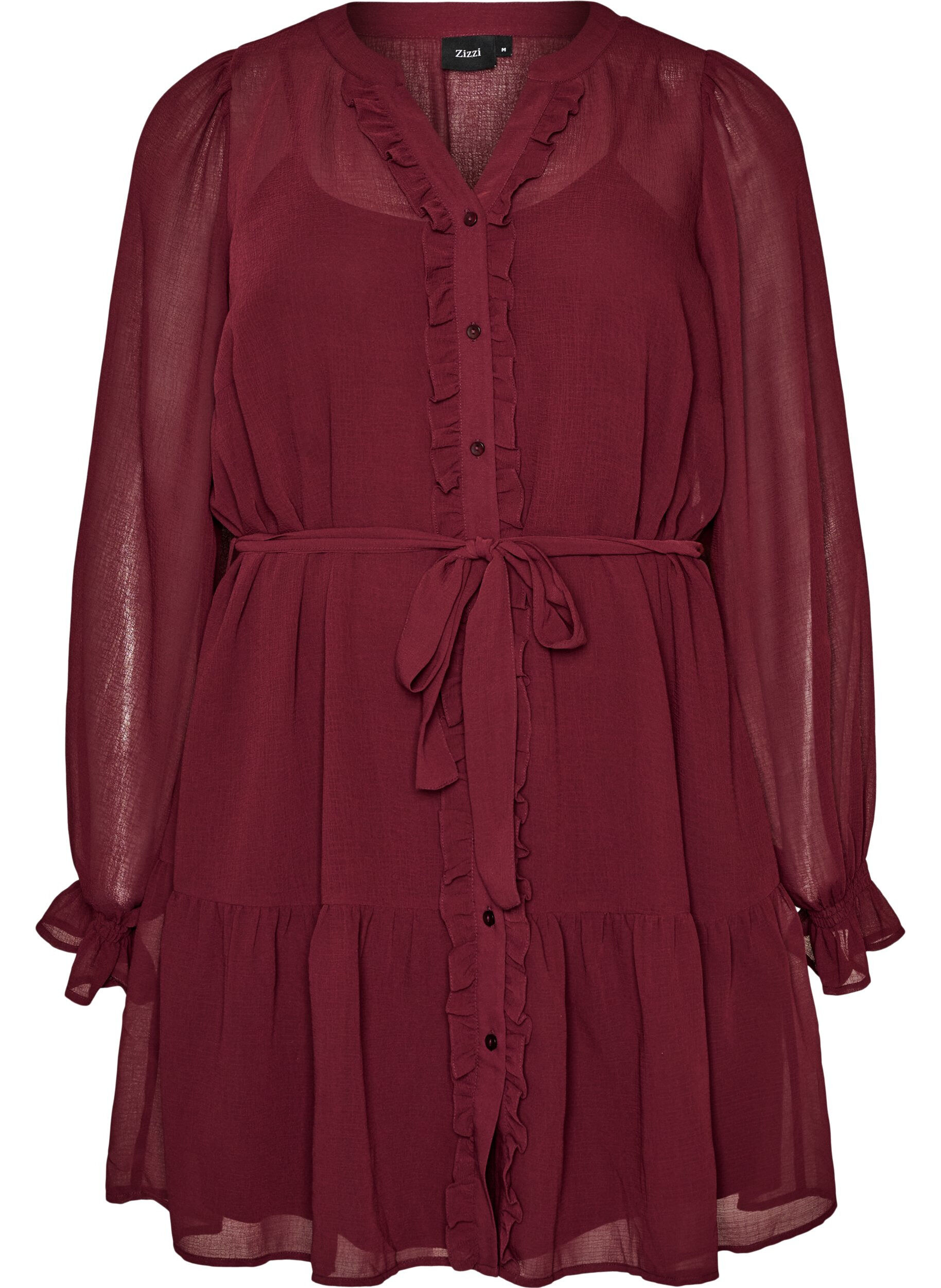 ZizzifashionDress in a lightweight woven fabric with ruffles and a tie-belt, Red, Packshot image number 0