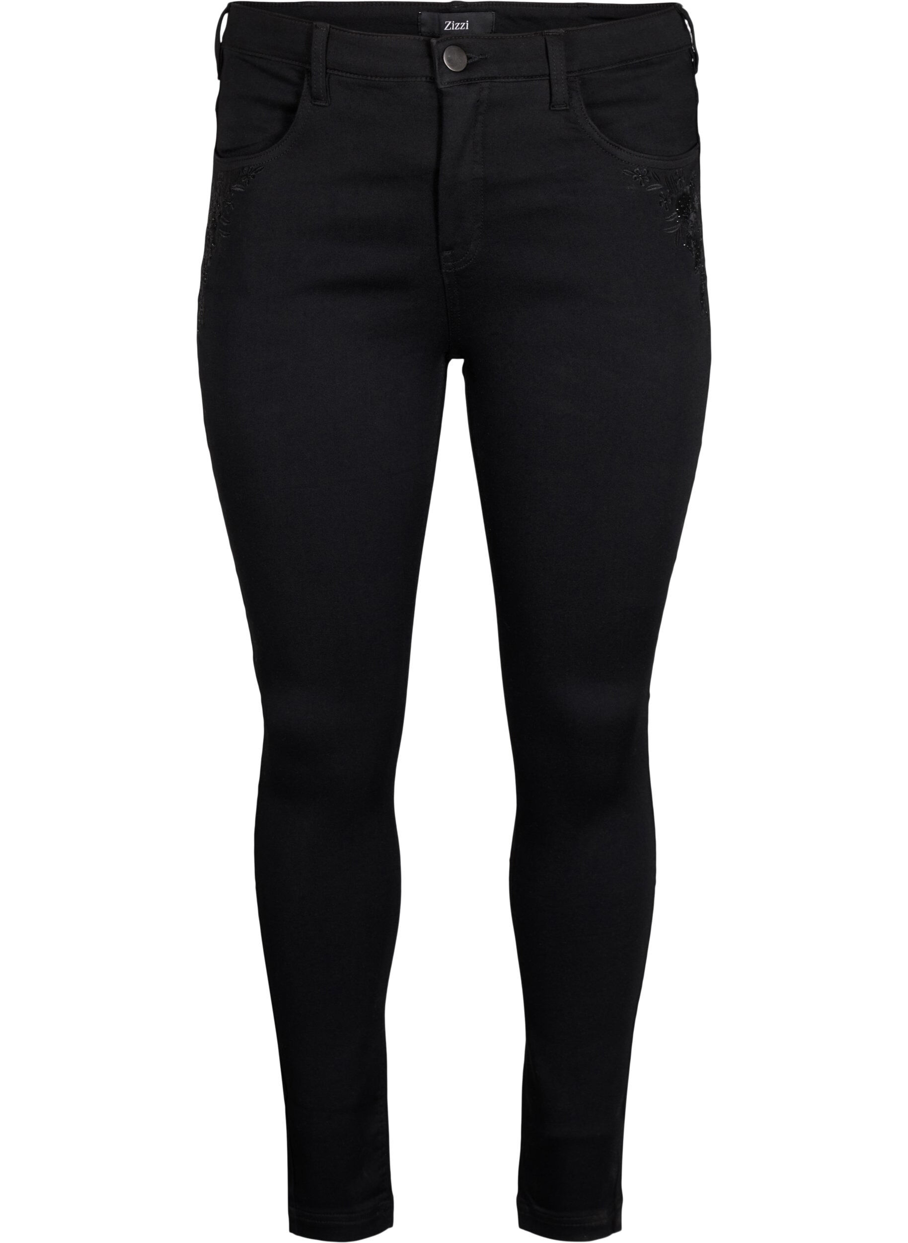 Zizzifashion Super slim Amy jeans with embroidery detail, Black, Packshot image number 0