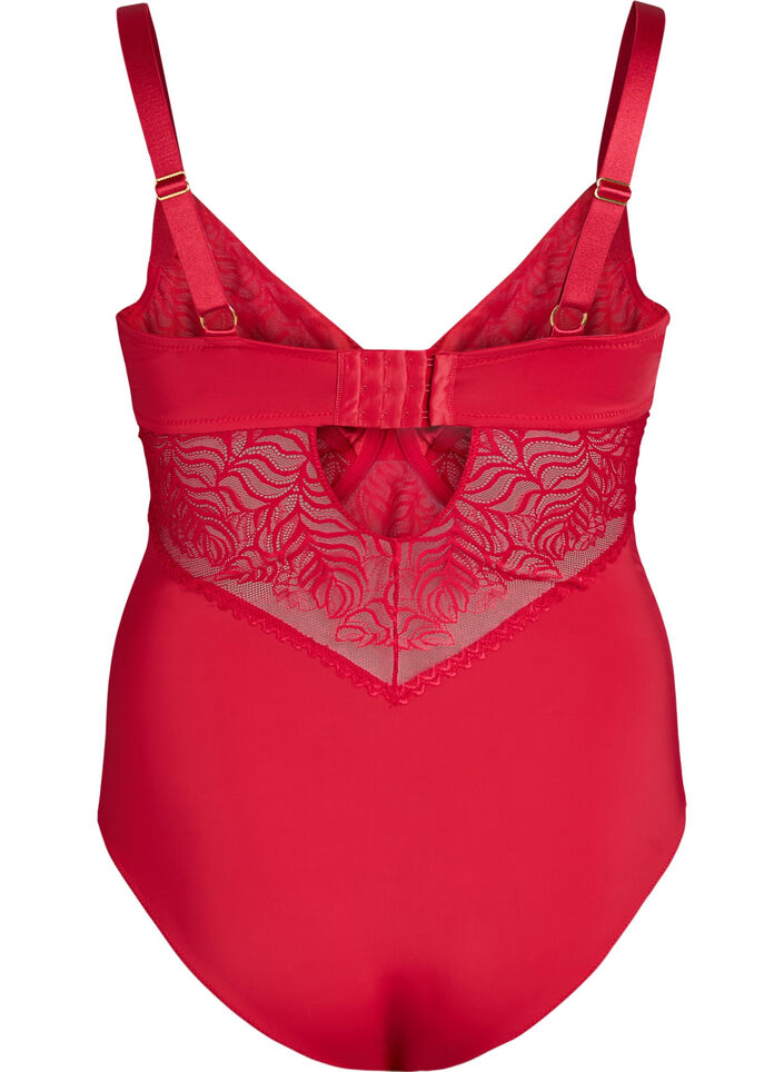 Bodysuit with lace and satin detail, Red, Packshot image number 1