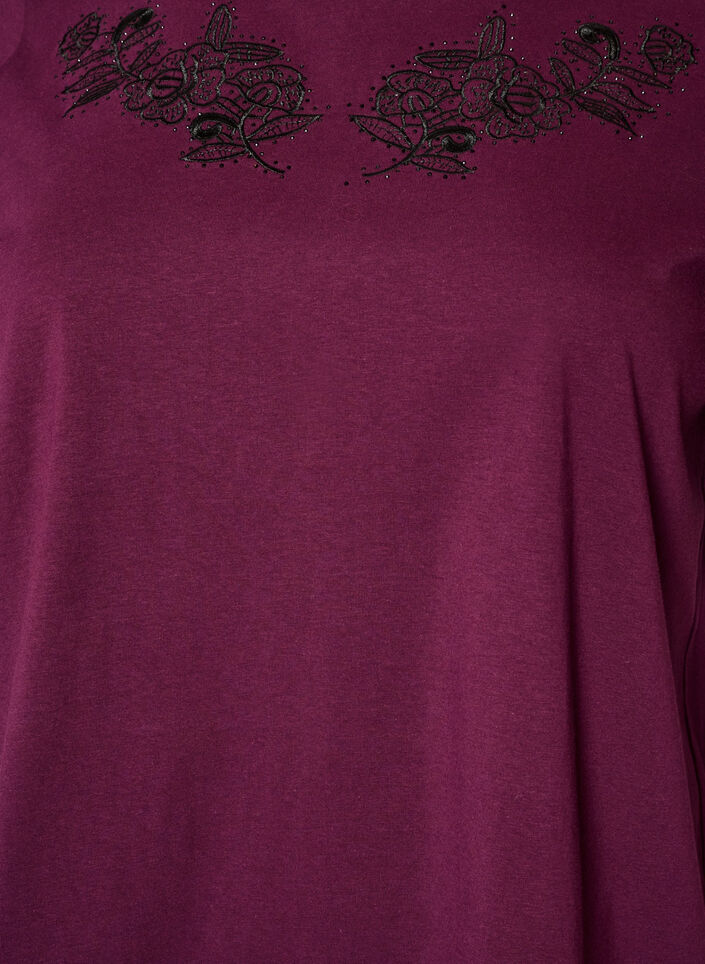 T-shirt with floral embroidery and rhinestones, Purple, Packshot image number 2