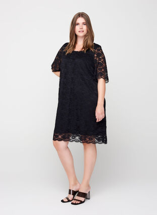Short-sleeved lace dress, Black, Model image number 0