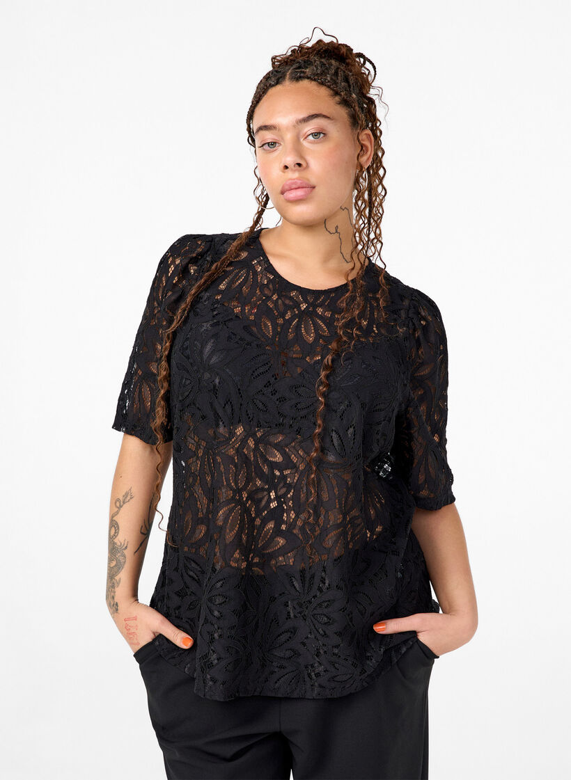 Lace blouse with short sleeves, Black, Model image number 0
