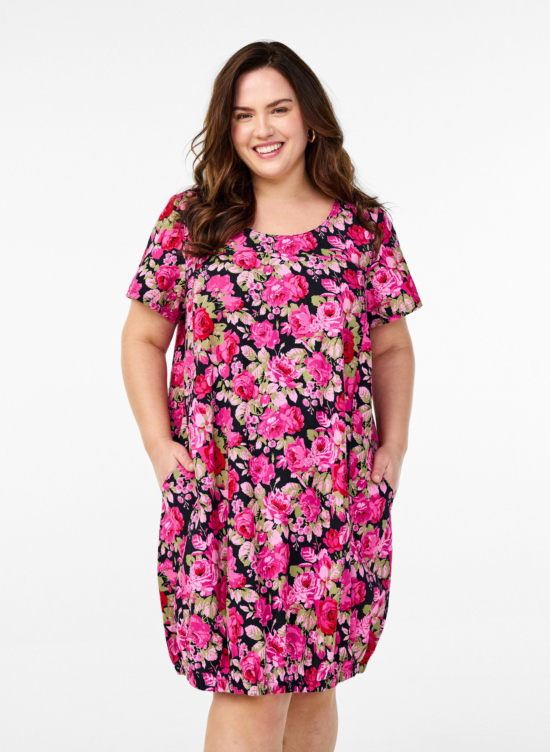 Short-sleeved cotton dress with print, Black, Model