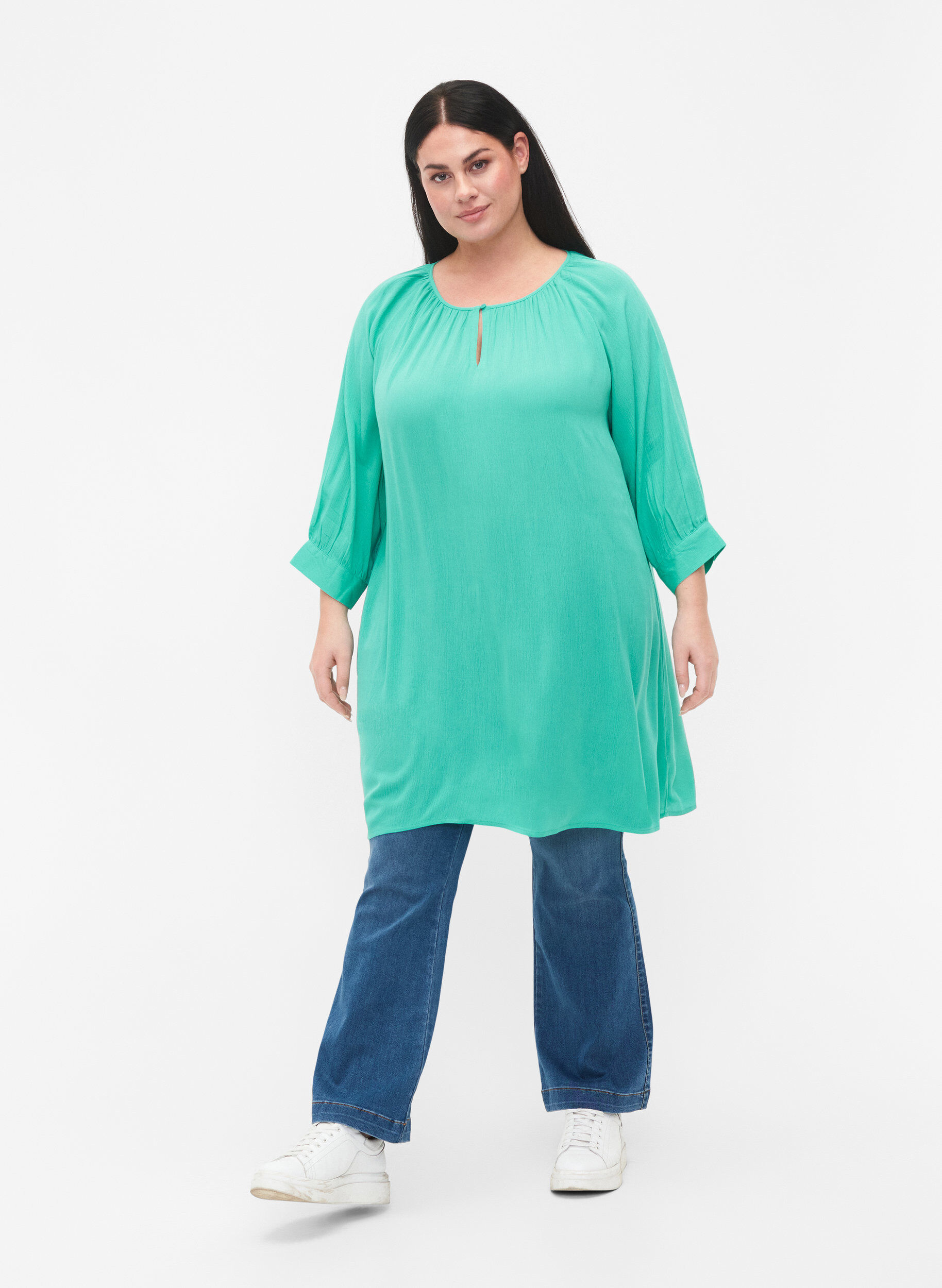 Zizzifashion Viscose tunic with 3/4 sleeves, Turquoise, Model image number 1