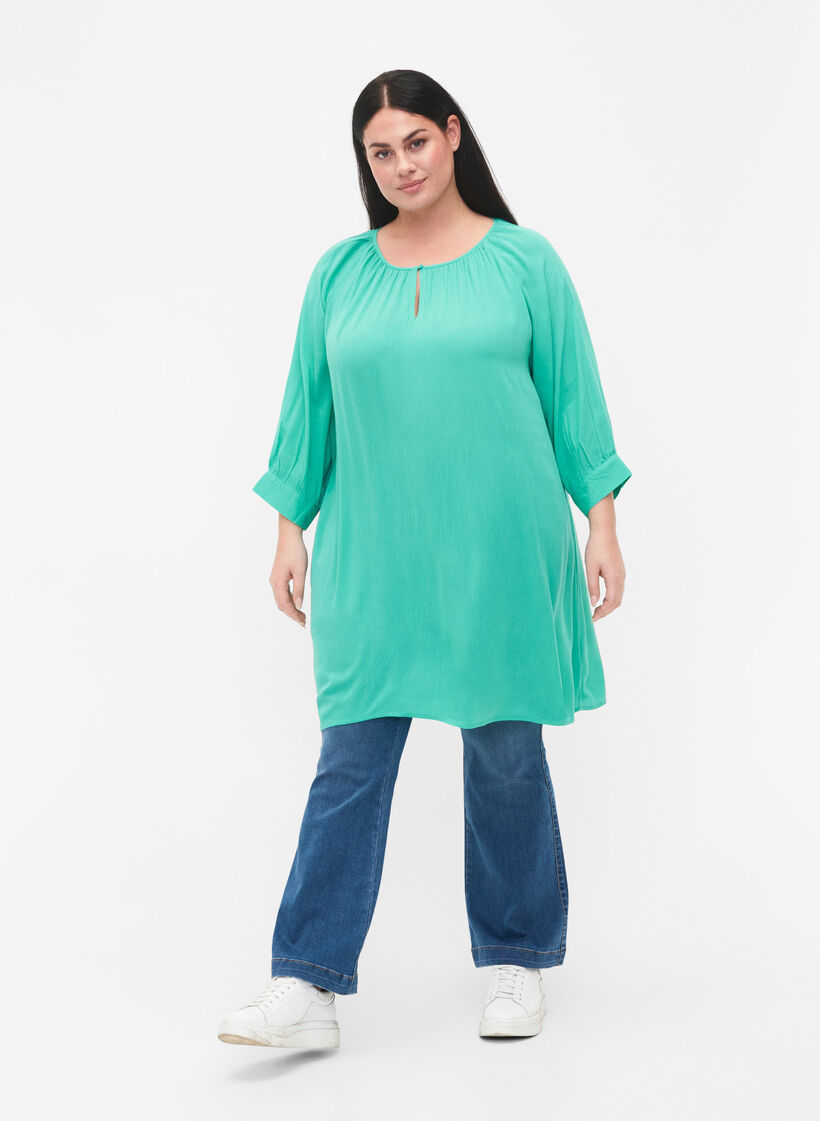 Viscose tunic with 3/4 sleeves, Turquoise, Model image number 1