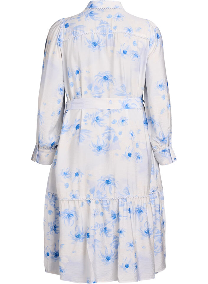 Floral midi dress with a belt and long sleeves, Light Blue, Packshot image number 1