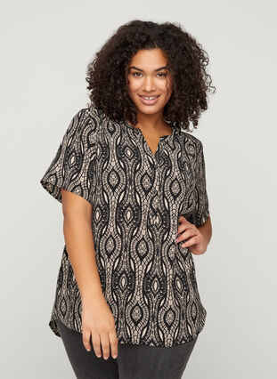 Printed blouse with short sleeves, Graphic AOP, Model image number 0
