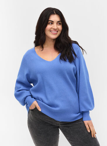 Knitted blouse with v-neck and puff sleeves, Ultramarine Mel, Model image number 0