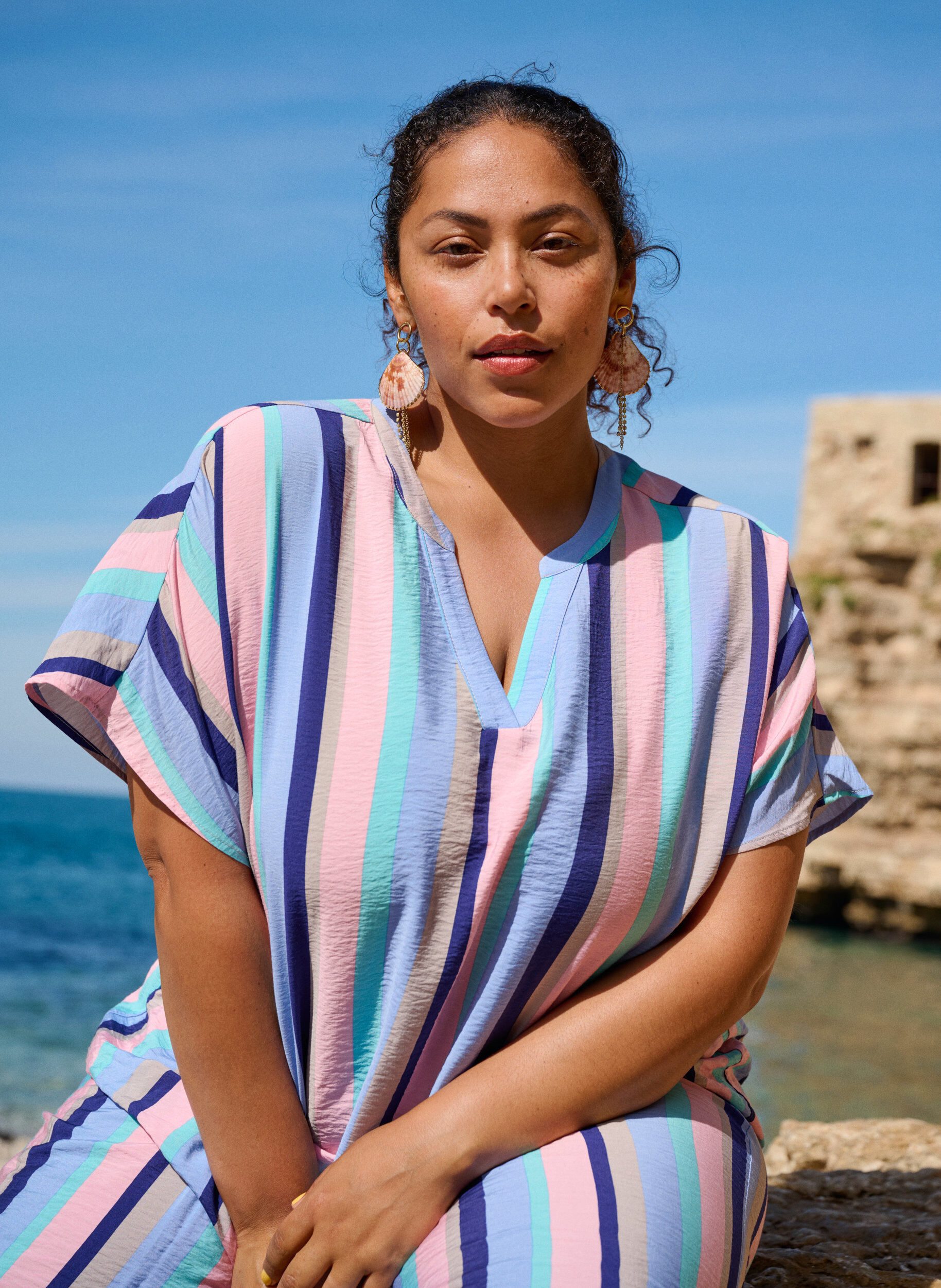 Zizzifashion Striped viscose blouse with short sleeves, Blue, Image image number 0