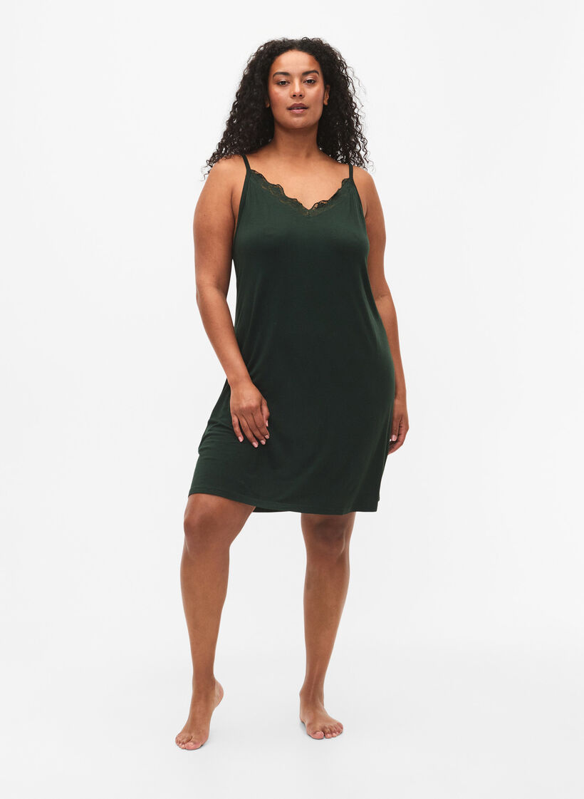 Viscose nightgown with lace trim, Green, Model image number 1