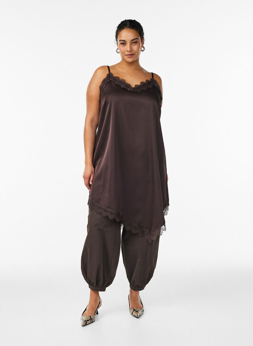 Satin-look dress with lace trim, Brown, Model image number 1