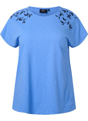 Cotton t-shirt with leaf print, Ultramarine C Leaf, Packshot image number 0