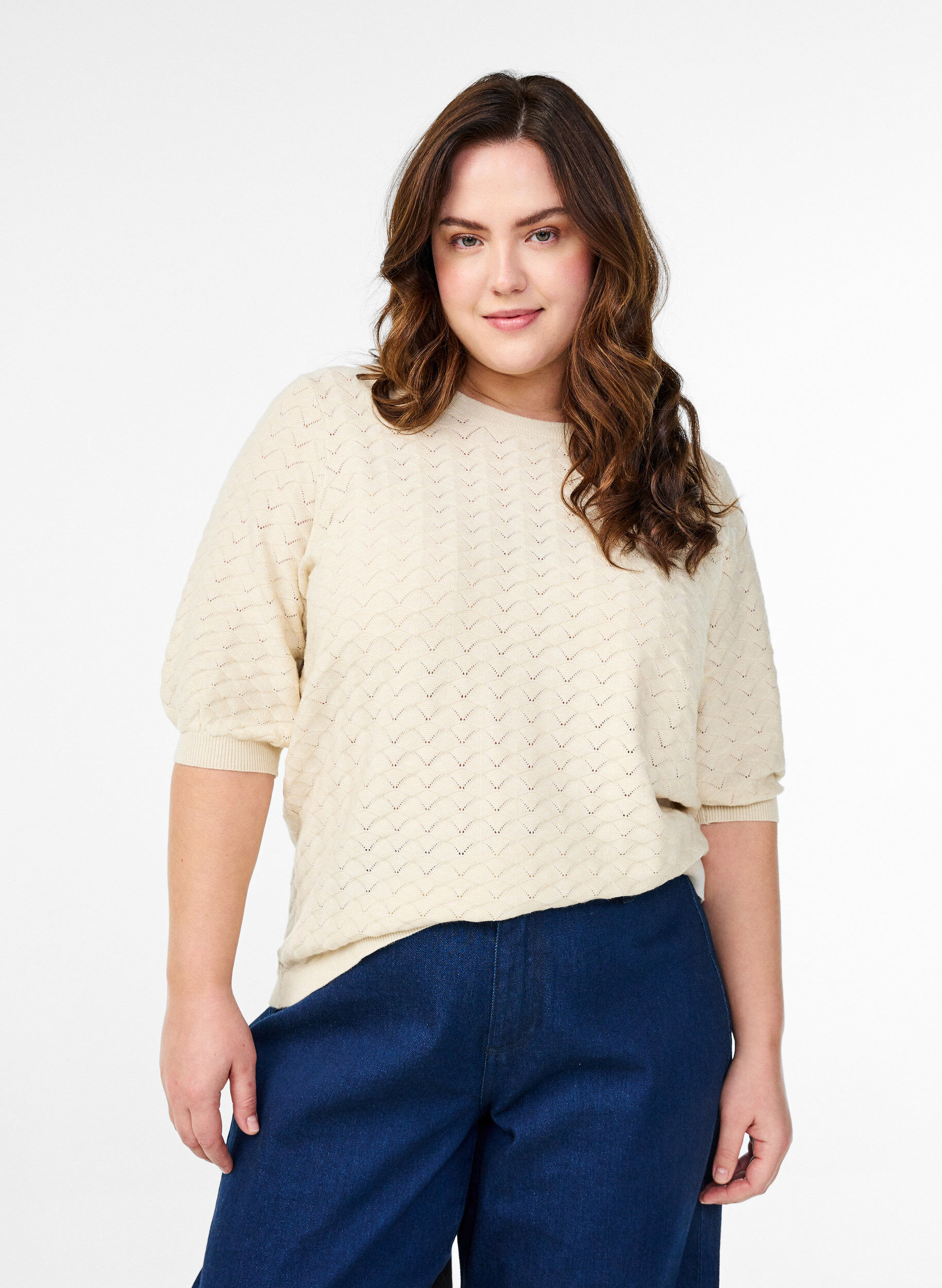 Zizzifashion Knitted blouse with openwork pattern and short sleeves, Birch Mel., Model image number 0