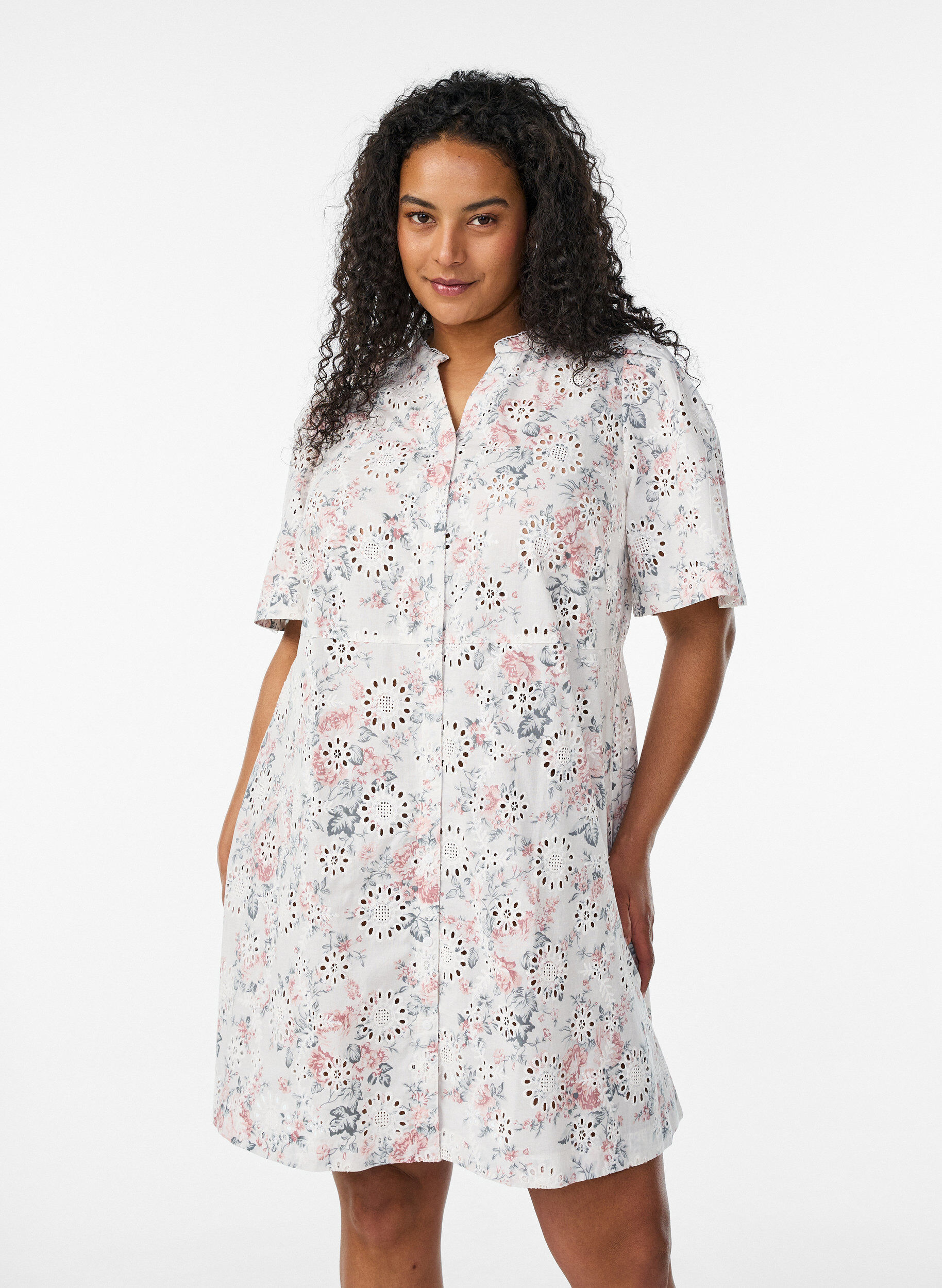 Zizzifashion Cotton dress with floral print and broderie anglaise, Vanilla, Model image number 0