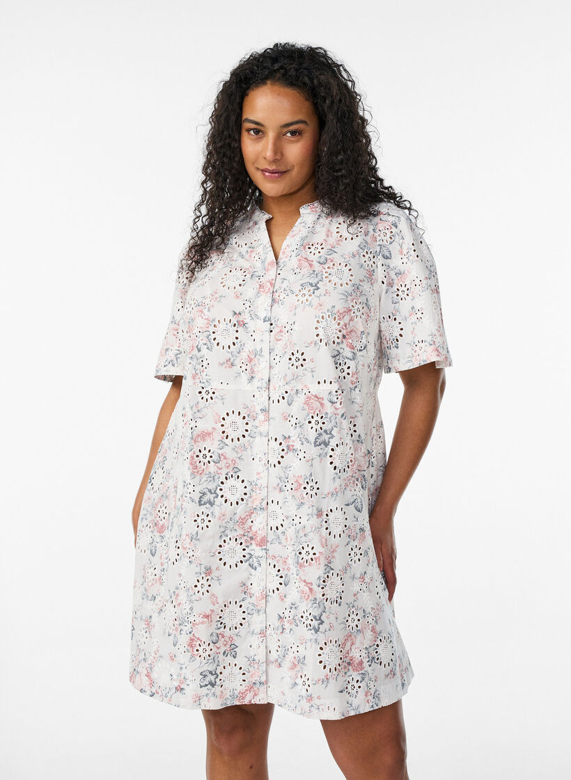 Cotton dress with floral print and broderie anglaise, Vanilla, Model image number 0