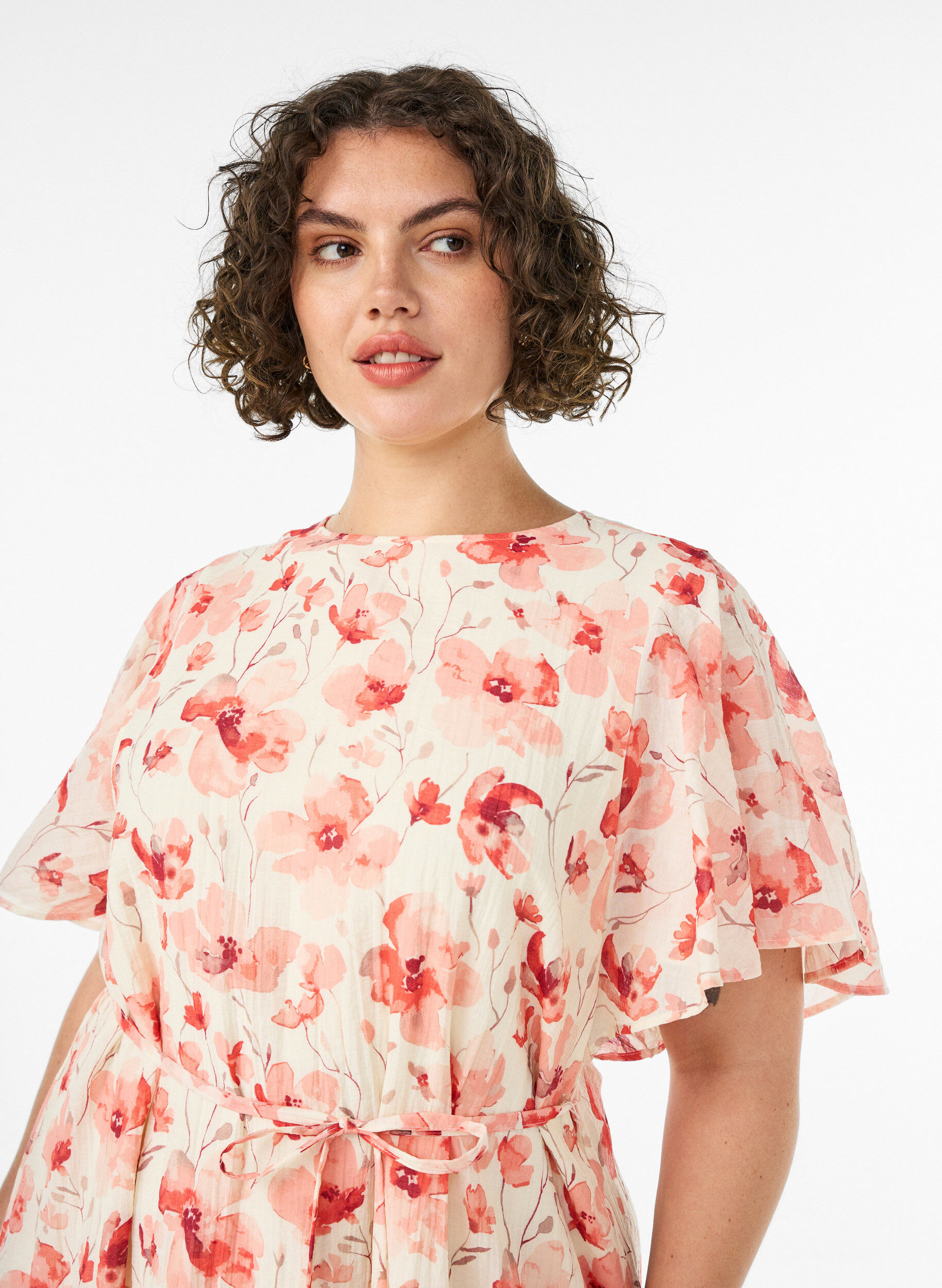 Zizzifashion Ankle-length dress with flutter sleeves and a tie-waist, Rose, Model image number 2