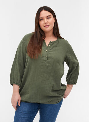 Cotton blouse with buttons and 3/4 sleeves, Thyme, Model image number 0